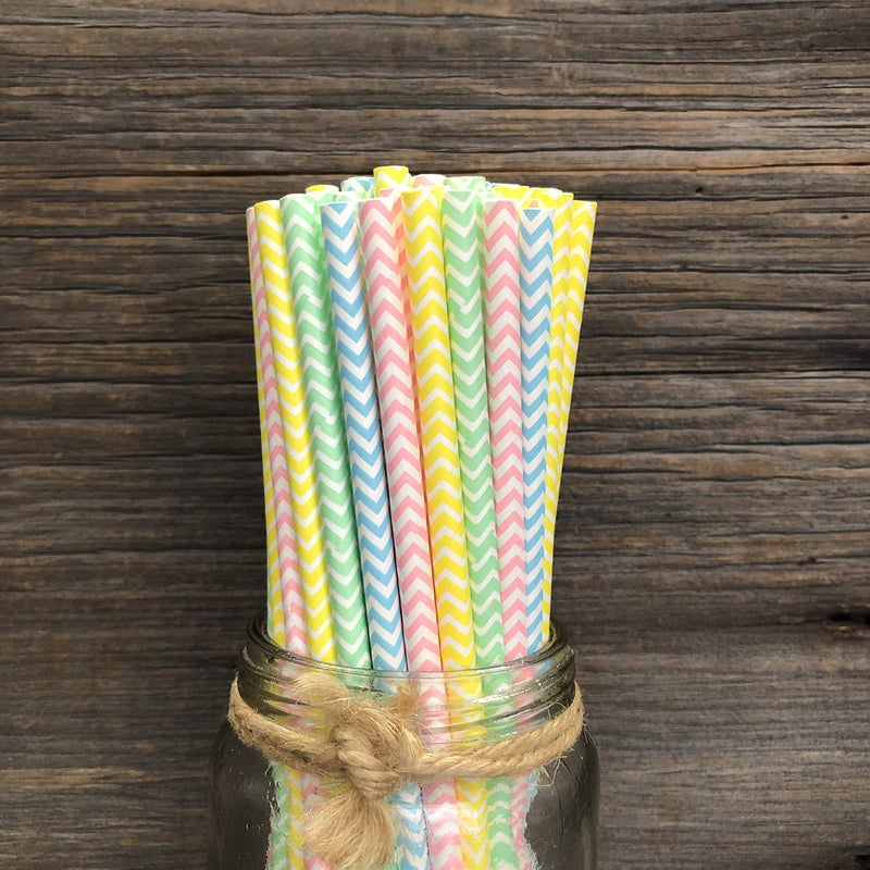 Outside the Box Papers Pastel Chevron Paper Straws - Easter Straws - 100 Pack Pink, Light Blue, Yellow, Green - Image 4